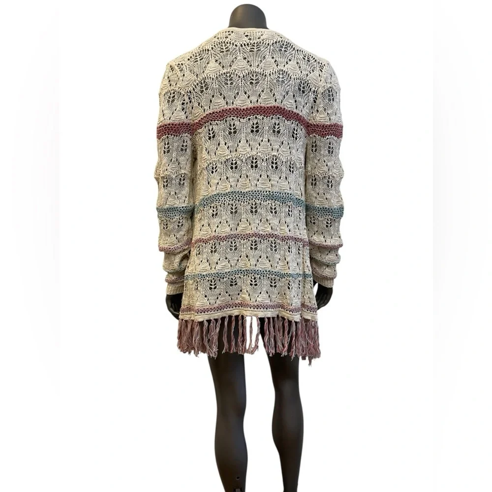 Maurices Sweater Cardigan L Open Front Open Knit Striped Tasseled Hem Waterfall